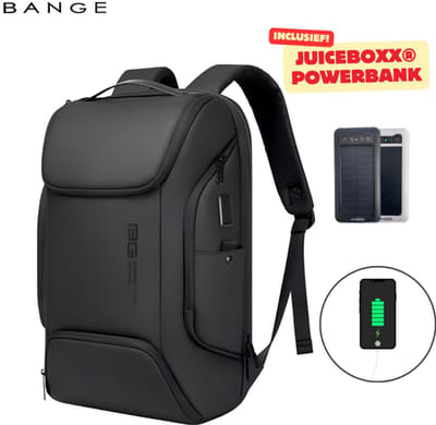 CarryQuest® - BANGE Laptop Rugzak 15.6 inch - Inclusief JuiceBoxx® Solar Powerbank - Zakelijke Business Backpack met USB Oplaadpoort - Waterafstotende Rugtas met Laptopvak & Anti-Diefstal Vak - Zwart