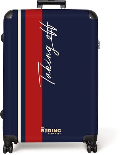 NoBoringSuitcases.com® - Koffer groot - Reiskoffer lichtgewicht - Donkerblauwe achtergrond met rood-witte streep en tekst Taking Off - Rolkoffer met 4 wielen - Grote trolley XL - 98 liter bagage