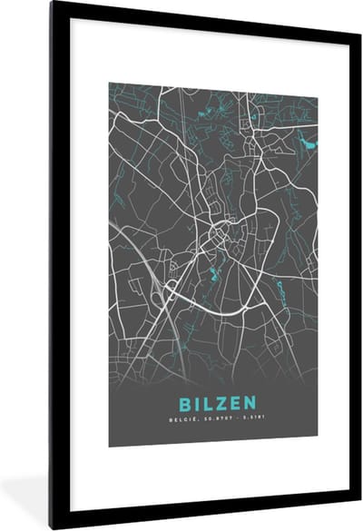 Fotolijst incl. Poster - Kaart – Plattegrond – Stadskaart – Bilzen – België - Grijs - 80x120 cm - Posterlijst