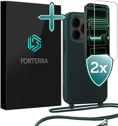 Hoesje Geschikt voor iPhone 17 Pro Case Siliconen Hoes Met Koord Met 2x Screenprotector - Hoes Geschikt voor iPhone 17 Pro Met Telefoonkoord Hoesje Backcover - Donkergroen
