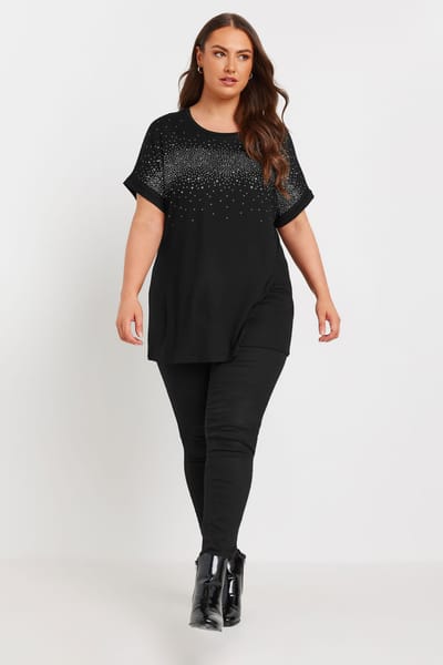 Yours Tshirt Met Diamantjes Bij De Halslijn In Zwart Size 58-60