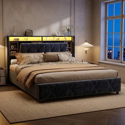 Tweepersoonsbed 140x200 Grijs Fluweel – Opklapbed met Opbergruimte, Geïntegreerd Nachtkastje, LED & USB – Gestoffeerd Bed