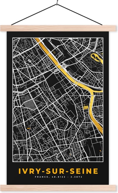Posterhanger incl. Poster 40x60 cm - Schoolplaat - Stadskaart - Ivry-sur-Seine - Frankrijk - Kaart - Plattegrond - Textielposter - Blanke latten - Stadskaart