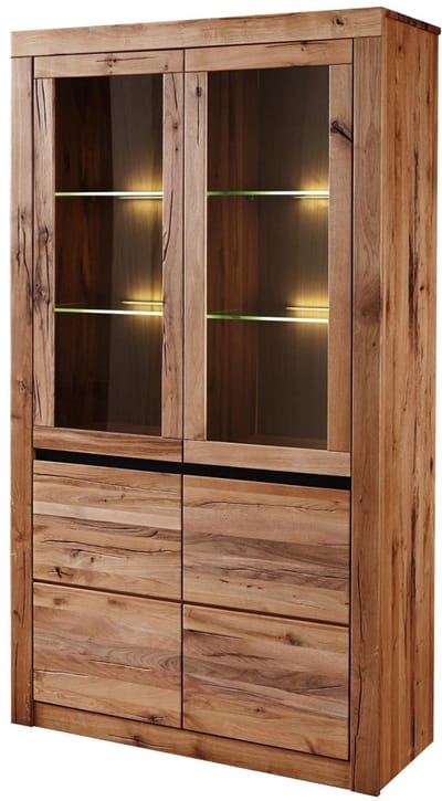 MASSIVMOEBEL24.DE wilde eik / moseik vitrine blank massief hout 105x42x190 cm (BxTxH) geolied gemonteerd MONTREUX volledig massief #101