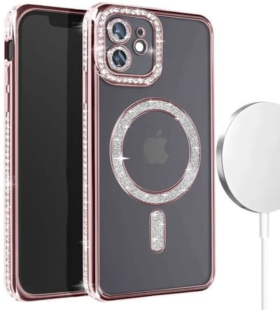 Hoesje met Diamantjes en Glitter Geschikt voor: iPhone 12 Pro Max - MagSafe Glitter Hoesje - Rosegoud met Diamanten steentjes - Glamour Hoesje