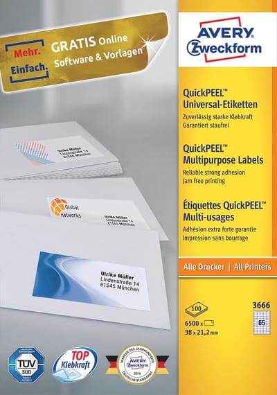 Avery Zweckform 3666, Universele etiketten, Ultragrip, wit, 100 vel, 65 per vel, 38 x 21,2 mm 5 stuks