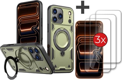 Hoesje Geschikt voor iPhone 17 Pro Max met 3 Stuks gehard glas Screenprotector - Armor hoes met Ringhouder - Arara backcover - Groen