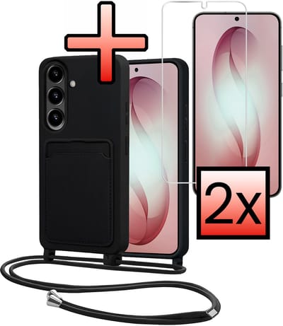 Hoes Geschikt voor Samsung S26 Met Telefoonkoord Met 2x Screenprotector - Siliconen Hoesje Backcover Met Ketting - Zwart
