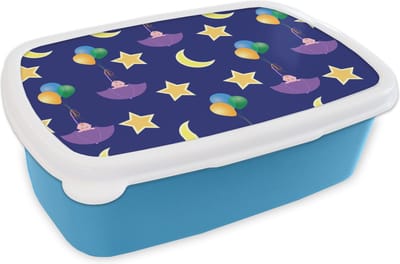 Broodtrommel Blauw - Lunchbox - Brooddoos - Sterren - Patronen - Paraplu - Geboorte - 18x12x6 cm - Kinderen - Jongen