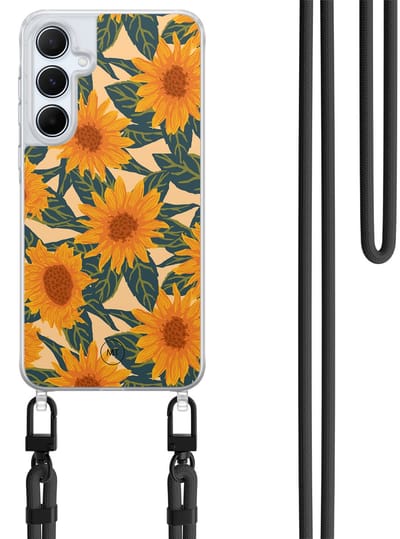 Hoesje met koord geschikt voor Samsung Galaxy A55 - Zonnebloemen - Inclusief Zwart koord - Crossbody beschermhoes - Transparant, Oranje - Mooie Telefoonhoesjes
