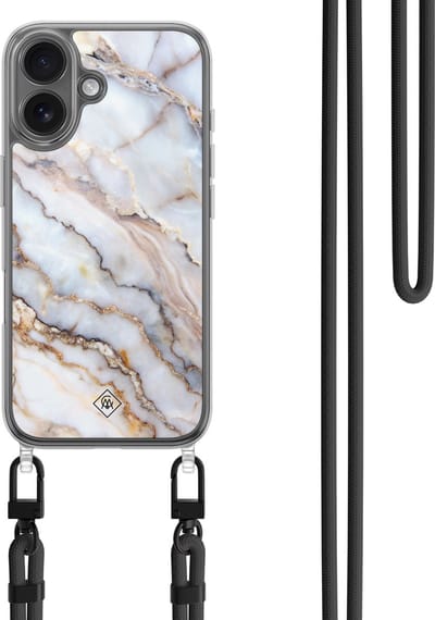 Casimoda® hoesje met koord - Geschikt voor iPhone 16 - Marble Dream - Afneembaar koord - TPU/polycarbonaat - Grijs