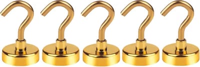 TLVX 5 stuks Haak magneet Goud 16mm x 36mm / Erg sterk / 7 KG trekkracht / Magnetische ophanghaak / Magneet met haak / Metalen haak / Deurmagneet haak voor sleutels / Koelkast magneet handdoek / Magneet gereedschap / Foto magneet met handdoekhaak