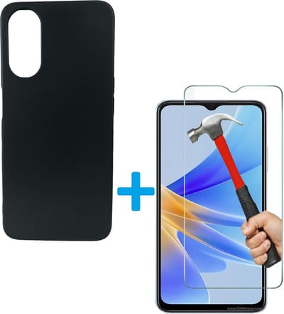 Backcover Hoesje Geschikt voor: Oppo A17 Zwart TPU Silicone Soft Case + 1X Tempered Glass Screenprotector