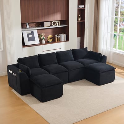 STILVORA Hoekbank 322 x 161 cm - Modulair 4-Zits Met 2 Voetbanken En Zijvakken - Voor Woonkamer En Kantoor - Cord Zwart