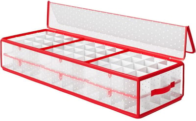 Famanu - Opbergdoos voor kerstballen, kerstballen opslag, 96 vakken, elk 7,6 cm, 96,5 x 33,5 x 17,5 cm, scheidingswanden ritssluiting, handgrepen, onderbedcommode, kersenrood