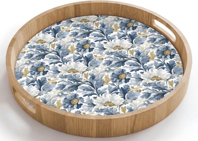 Dienblad rond 40x40 cm - Schootdienblad hout - Bloemen - Wit - Blauw - Borrelplank rechthoek - Plateau houten dienbladen