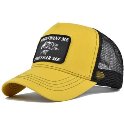Casquettes pour hommes Printemps Casquettes de baseball pour femmes Été Respirant Snapback Chapeaux en maille Patch poisson Brodé Casquette de camionneur Chapeau de soleil décontracté 54-60CM yellow