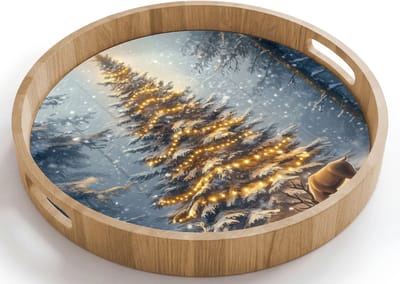 Dienblad rond 40x40 cm - Schootdienblad hout - Kerstlicht - Woud - Hert - Donker - Borrelplank rechthoek - Plateau houten dienbladen