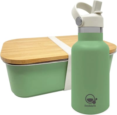 Smikkels - Lunchset RVS lunchbox met thermos drinkfles - Groen - 304 RVS (18/8) - Schoolset kinderen - Thermosfles met vernieuwde rietjesdop - broodtrommel