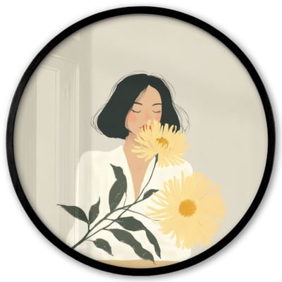 Poster in lijst Rond - Fotolijst 40x40 cm - Posters - Vrouw - Bloem - Geel - Minimalistisch - Ronde posterlijst zwart - Decoratie - Wanddecoratie woonkamer - Muurdecoratie slaapkamer