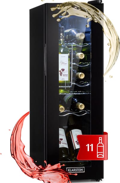 Klarstein wijnkoeler, kleine drankkoeler met 1 zone, kleine wijnkast 32 liter, kleine wijnkoeler met glazen deur, flessenkoeler voor binnen en buiten, wijnkoelkast 5-18 °C, 12 flessen - 45 cm - voor Bar - Touch - Wijnklimaatkast