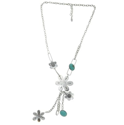 Behave - Lange ketting met bloemvormige hanger - Antiek zilverkleur met turquoise - 60 cm + 7,5 cm verlengketting