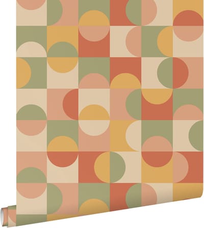 ESTAhome behang cirkels in Bauhaus stijl terracotta, geel, groen en beige - 50 x 900 cm - 130941