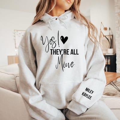 Dames hoodie-cadeau voor haar-cadeau kerstmis-moederdag kado-gepersonaliseerde hoodie voor mama-yes they're all mine met kindernaam of kindernamen op de mouw-Lichtgrijs-Maat S