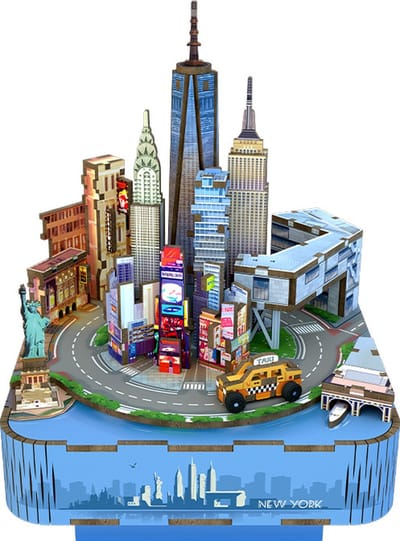 Tonecheer New York Muzieksdoosje - Bouwpakket - Modelbouw - 14 x 14 x 14,5 cm - Houten DIY Muziekdoos - Houten 3D Puzzel - DIY Muziekdoos - Bouwset - Modelbouwpakketten - Knutselen voor Volwassenen - Knutselpakket - Mini Muziekbox