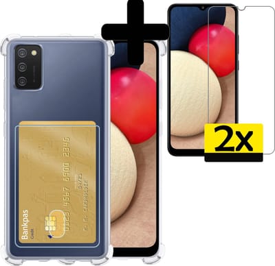 Hoesje - Geschikt voor Samsung Galaxy A02s - Met 2x Screenprotector - Pashouder - Kaarthouder - Telefoon Hoes Shockproof - Siliconen Case - Back Cover - Shock Proof - Pasjes Houder - Telefoonhoesjes - Transparant