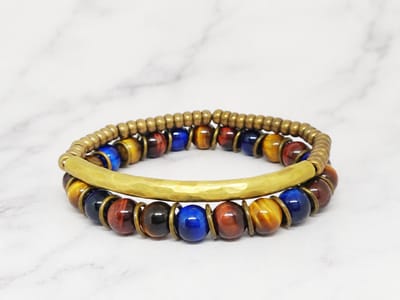 Mei's - Tibetan Tiger - armband dames - tijgeroog - koper goud/bruin/blauw - polsmaat 16 cm