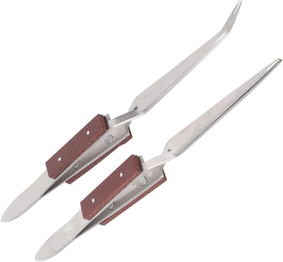 Set van 2 RVS Solder Tweezers, Gebogen en Rechte Locking Pincetten met Houten Handvat voor Sieradenmaken en Reparatie, Precisiewerk en Handgereedschap
