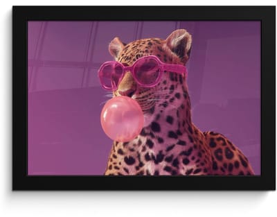 Poster in lijst - Fotolijst 30x20 cm - Posters - Panter - Zonnebril - Kauwgombel - Roze - Posterlijst zwart - Decoratie - Wanddecoratie woonkamer - Muurdecoratie slaapkamer