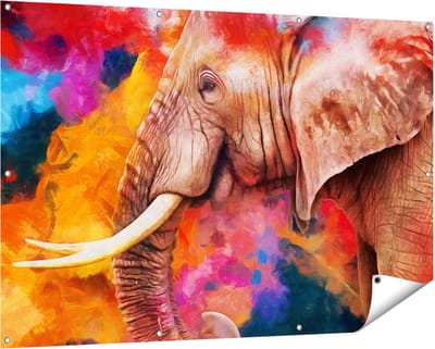 Gards Tuinposter Kleurrijke Olifant - Abstract - 150x100 cm - Tuindoek - Tuindecoratie - Wanddecoratie buiten - Tuinschilderij