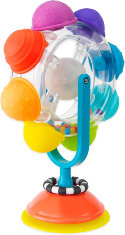Sassy - Kinderstoel Speeltje Baby en Peuter - Mijn zuignap - Draaiend wiel met gekleurde lichtjes en kralen - Regenstick geluid - Light Up Rainbow Reel