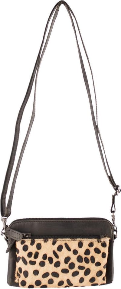 Heuptasje – Schoudertasje – Crossbody Tasje en Clutch Alles In Een Van Zwart Leer En Vacht Met Dierenprint