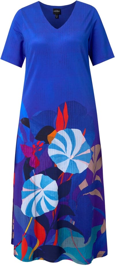 Ulla Popken - Dames - Midi-jurk bloemen V-hals korte mouwen slinky-piqué - Kobaltblauw - Maat 42+