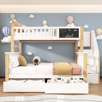 Stapelbed 90x200 cm en 140x200 cm - tweepersoonsbed - kinderbed - met krijtbord en lade - zonder matras - wit en houtkleur