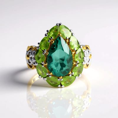 Cavill - Zilveren Ring met Groene Fluoriet 3,42 ct en Peridot 2,25 ct - 925 Sterling Zilver - Elegante Druppelvormige Edelsteen - Braziliaanse Sieraad