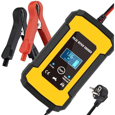 Autobatterijlader 12V Slimme Volautomatische Batterijlader Onderhouder LCD-scherm Pulsreparatie EU geel