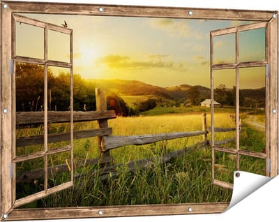 Gards Tuinposter Doorkijk Boerderij Hekken op het Grasveld - 120x80 cm - Tuindoek - Tuindecoratie - Wanddecoratie buiten - Tuinschilderij