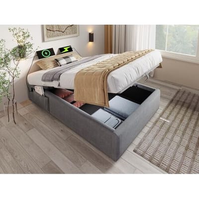 ModernLuxe Bed gestoffeerde kofferbak 90×190cm - linnen stof - met oplaadaansluitingen en lattenbodemkussen - Grijs