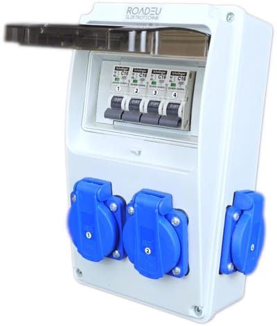Stroomverdeler 230V met 4x Schuko stopcontacten en zekeringen - IP54 constructie voor binnen en buiten