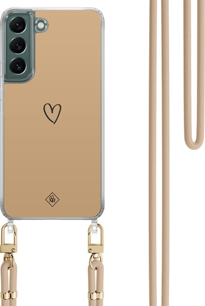 Casimoda® hoesje met koord - Geschikt voor Samsung S22 - Hart Bruin - Afneembaar koord - TPU/polycarbonaat - Bruin/beige