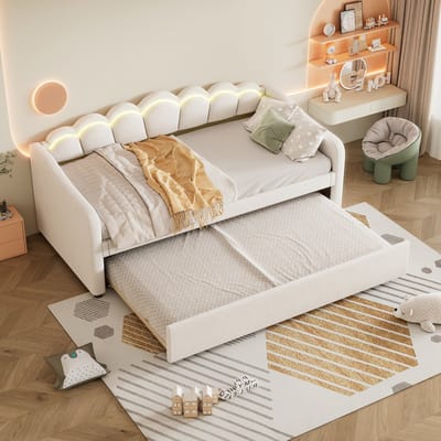 REDOM Slaapbank 90x200 cm van fluweel en MDF – Met uitschuifbaar rolbed, LED-verlichting en lattenbodem – Beige