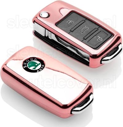 Autosleutel Hoesje geschikt voor Skoda - SleutelCover - TPU Autosleutel Cover - Sleutelhoesje Rose Goud Hoogglans