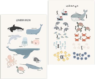 Twee Posters voor de Kinderkamer, Oceaan Thema, Decoratie voor Baby- en Kinderkamers, Wanddecoratie en Kinderen Kunst
