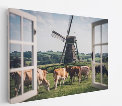 Saammp Canvas Schilderij - koeien in nederland - Natuur - Doorkijk - 45x30 - Foto op canvas - Wanddecoratie - Muurdecoratie Woonkamer - Slaapkamer decoratie - Canvas Print