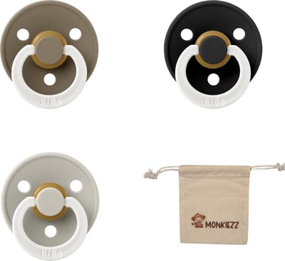 Bibs fopspenen maat 2 6-18 maanden| Set 3 stuks| Glow Sand, Glow Black, Glow Dark oak + Monkiezz speenzakje| Maat 2