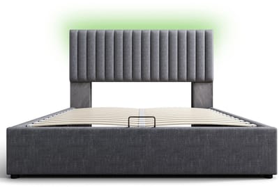 Gestoffeerd bed met opbergruimte, tweepersoonsbed, LED-appbediening, USB Type-C-oplaadpunt, opbergruimte en verstelbaar hoofdeinde, 140x200 cm, lattenbodem, grijs (matras inbegrepen).